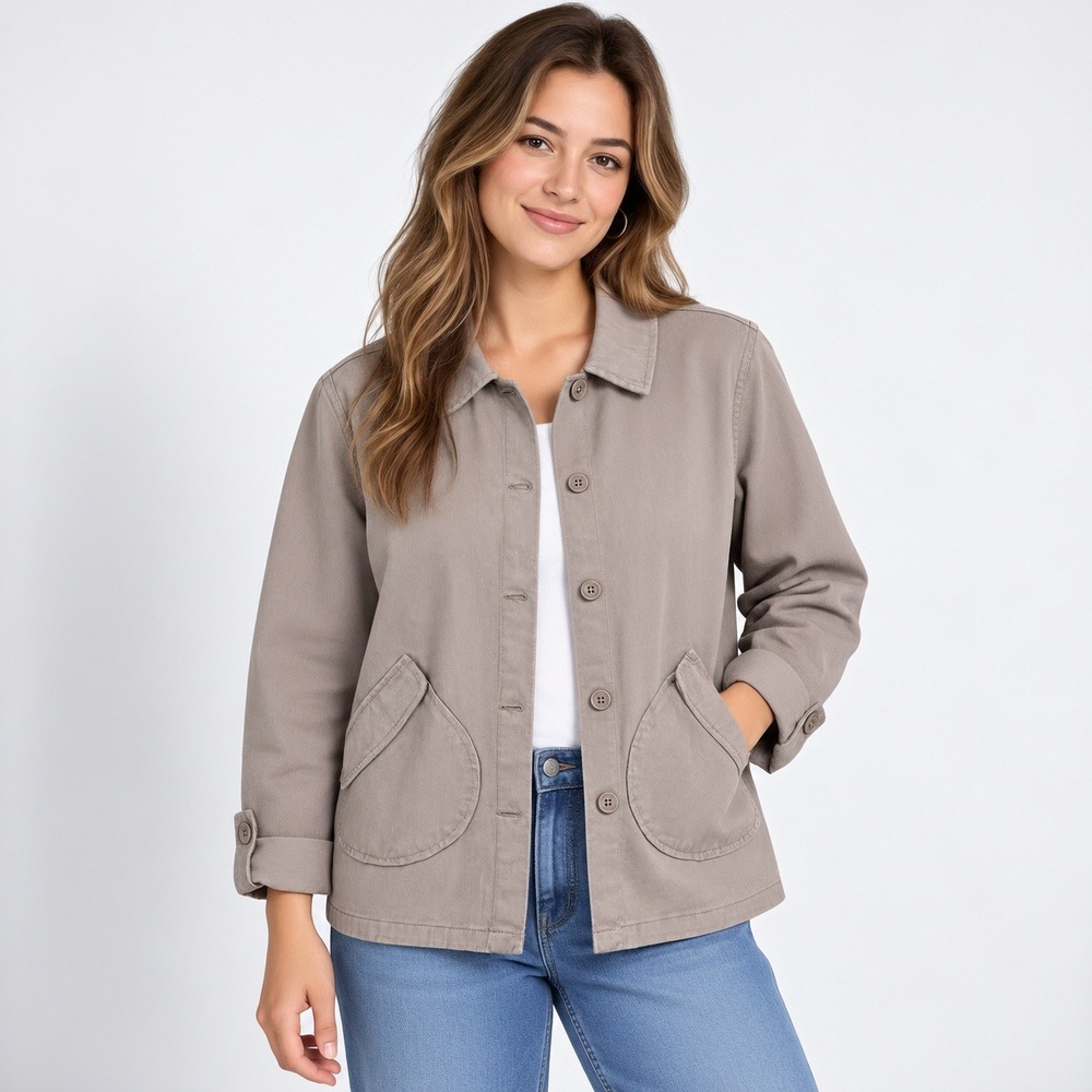 Sweet Salt Utility Jacket Women Large Taupe Brown Cotton Twill Button Up Chore
